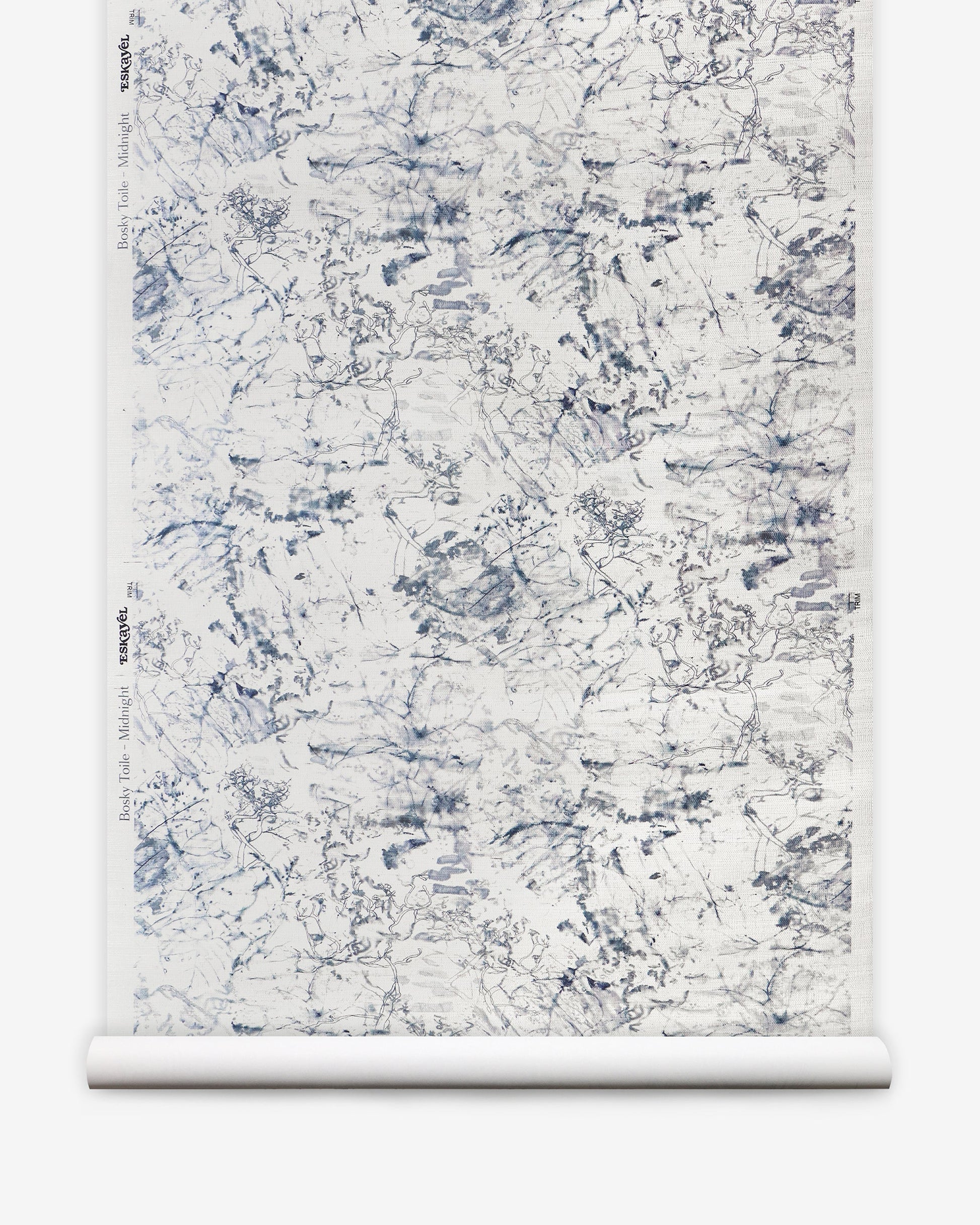 A blue and white marble Bosky Toile Grasscloth Midnight on a roll