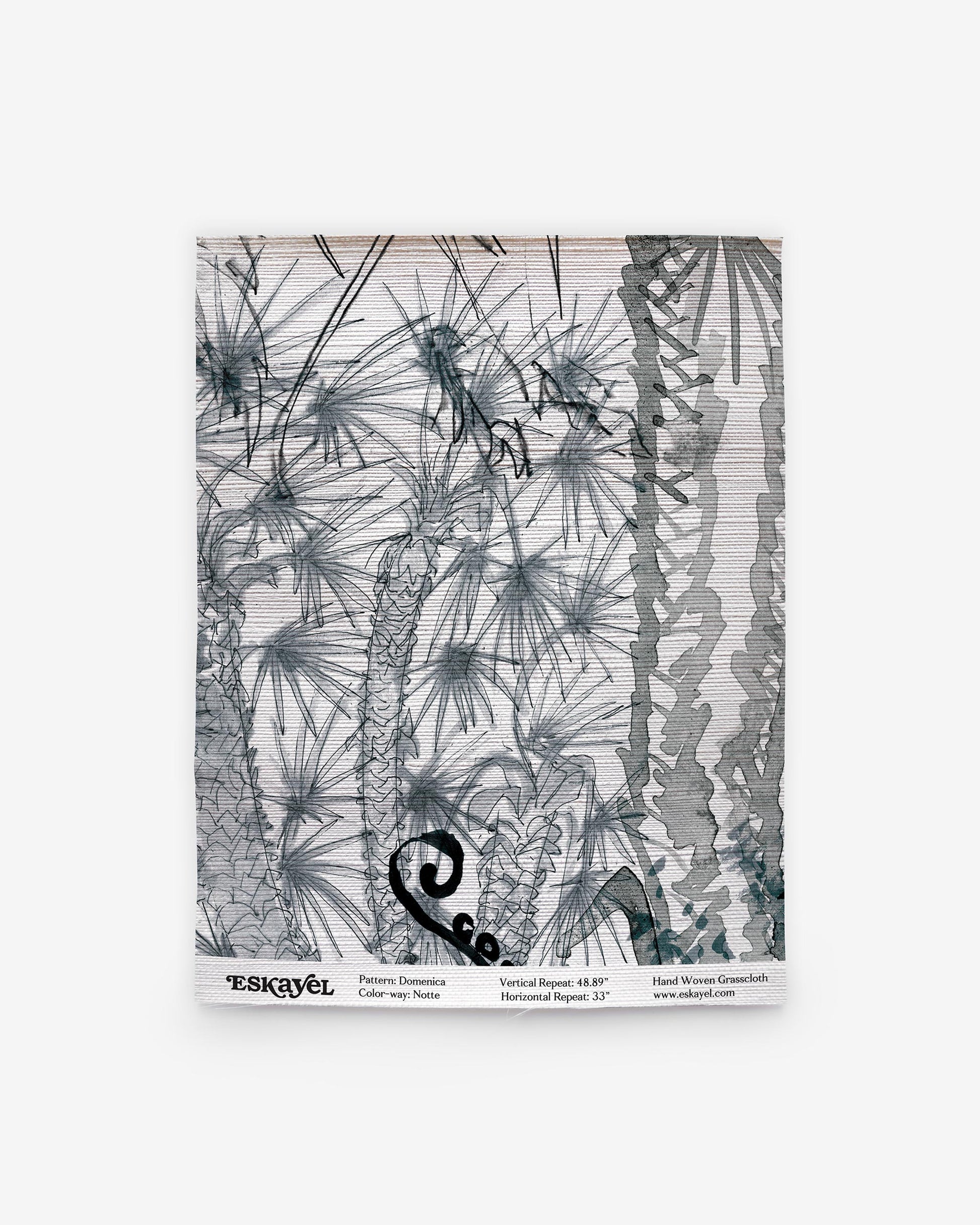 A black and white drawing of a palm tree in the Domenica Grasscloth Notte Collection