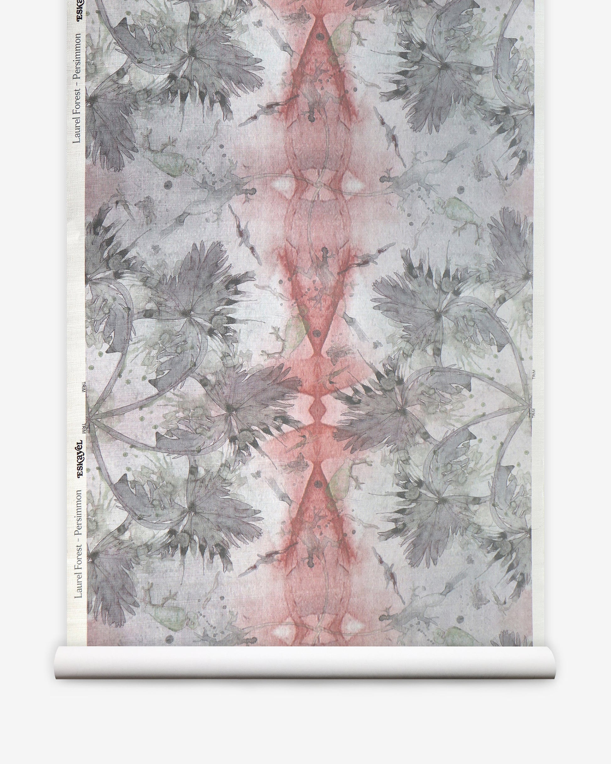 A pink and grey floral wallpaper on a roll named "Laurel Forest Grasscloth Persimmon" with watercolor brushstrokes creating a tropical atmosphere