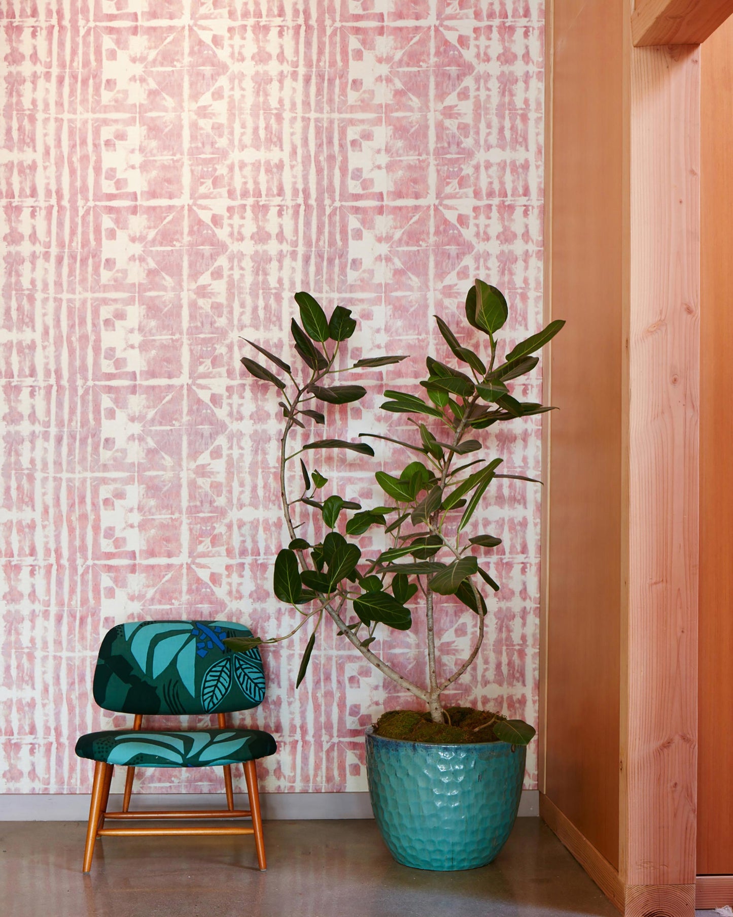 A chair with a plant in front of Banda Grasscloth Persimmon wallpaper