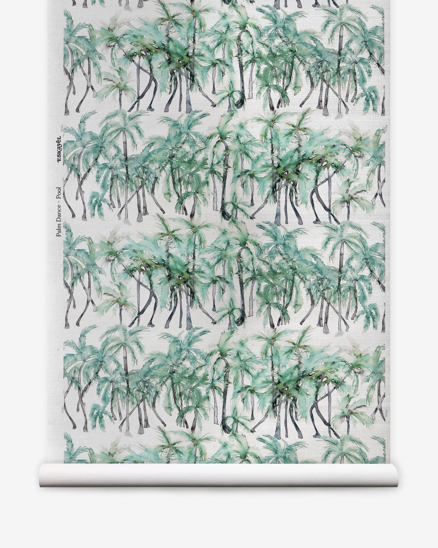 A roll of Palm Dance Grasscloth wallpaper with a Palm Dance pattern featuring palm trees on it