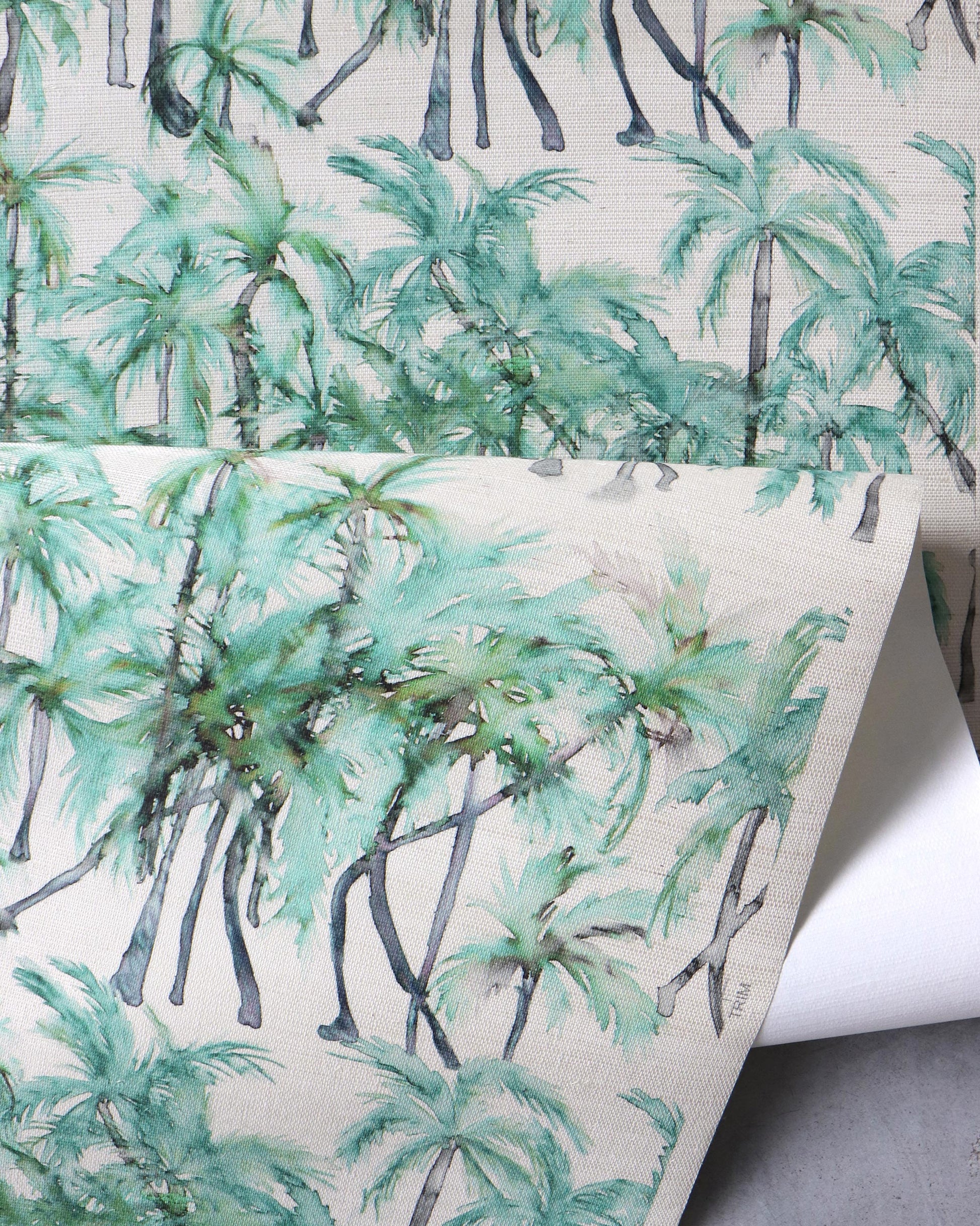 A green and white Palm Dance Grasscloth Pool pattern with palm trees on it