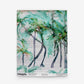 A watercolor painting of palm trees on wallpaper, featuring the Palm Dance Grasscloth Pool patternon wallpaper
