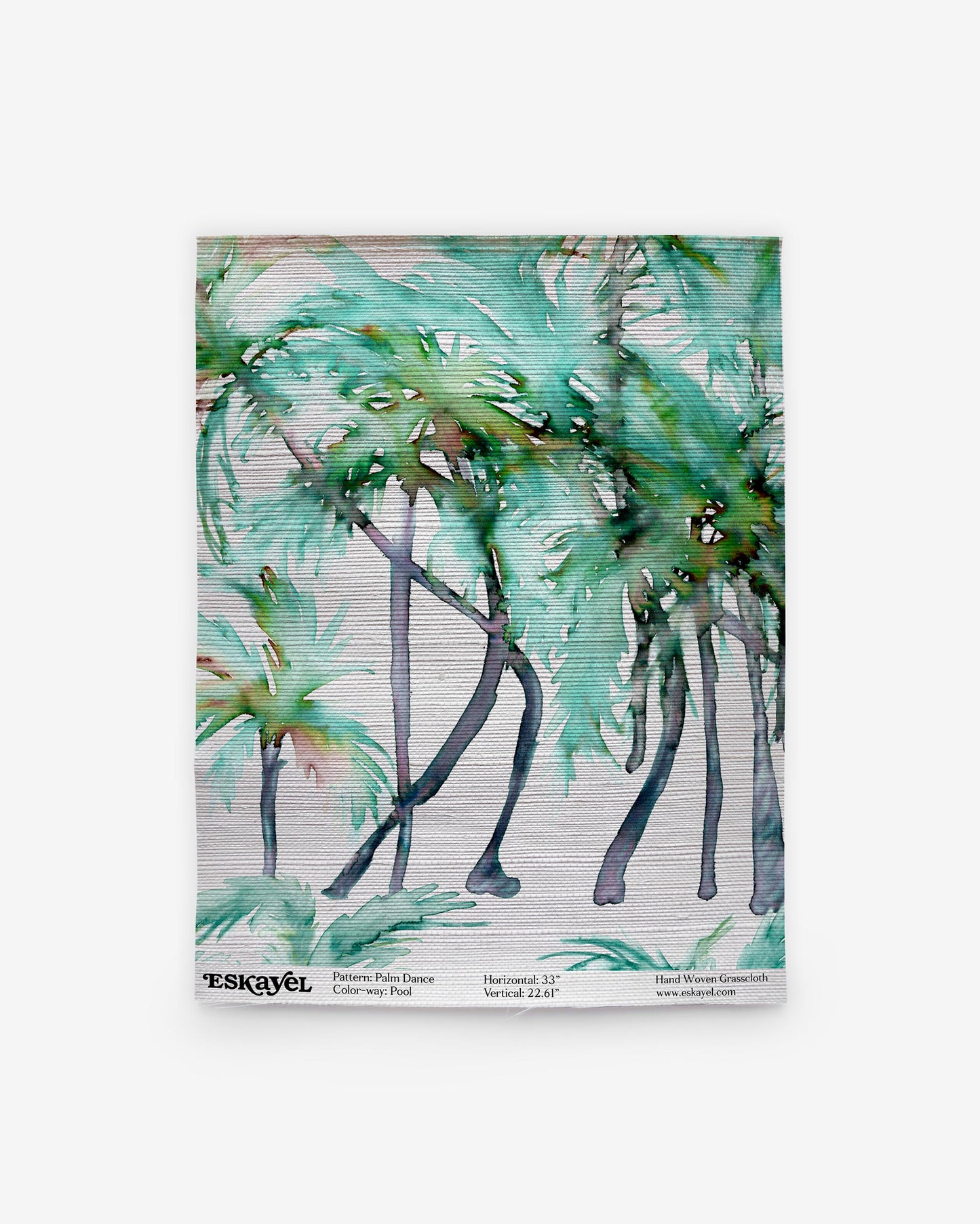 A watercolor painting of palm trees on wallpaper, featuring the Palm Dance Grasscloth Pool patternon wallpaper