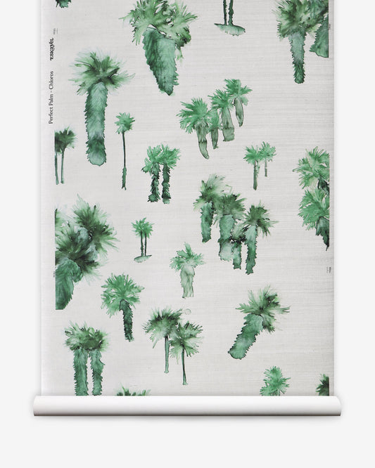 A green and white Perfect Palm Grasscloth Chloros with figurative palm trees