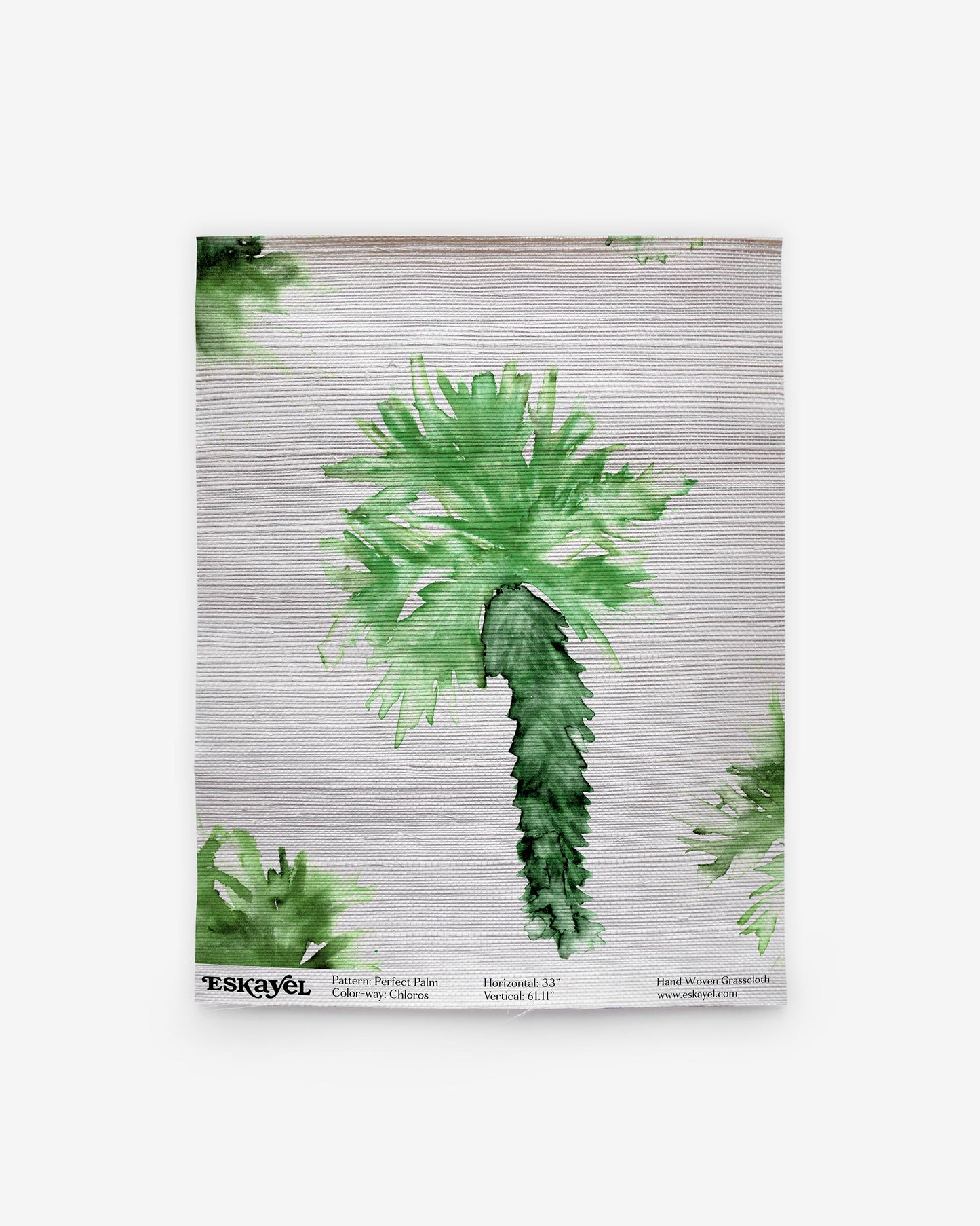 A green Perfect Palm Grasscloth palm tree with a surfing figurative pattern on wallpaper