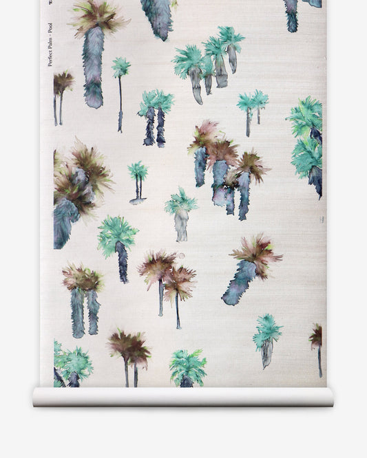 A roll of Perfect Palm Grasscloth||Pool wallpaper featuring palm trees in a watercolor style.