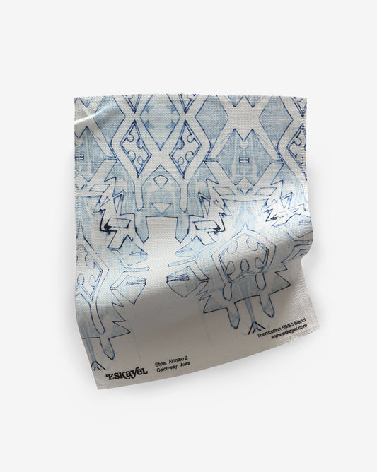 To Order the Akimbo 2 Fabric Sample||Aura, choose a blue and white paper with a pattern on it.