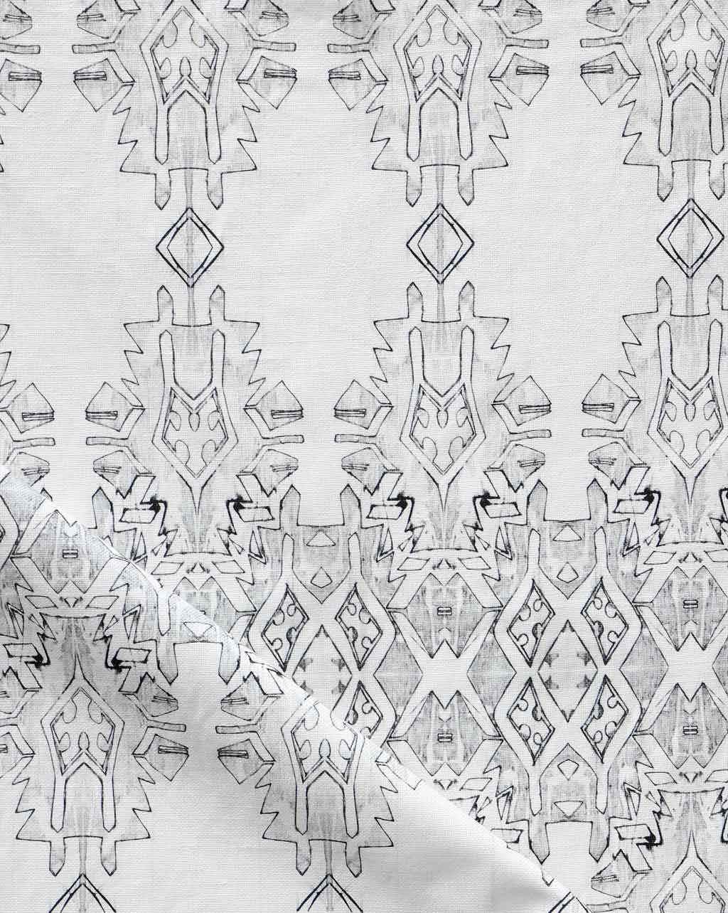 A versatile Akimbo 2 Fabric||Greyscale with a graphic geometric pattern on it.
