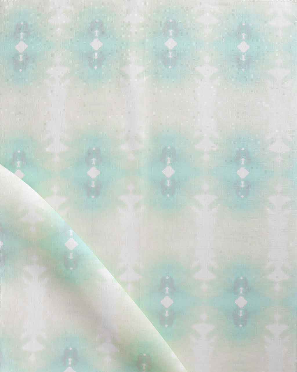 A white Areca Palms Fabric with a green and aquamarine pattern