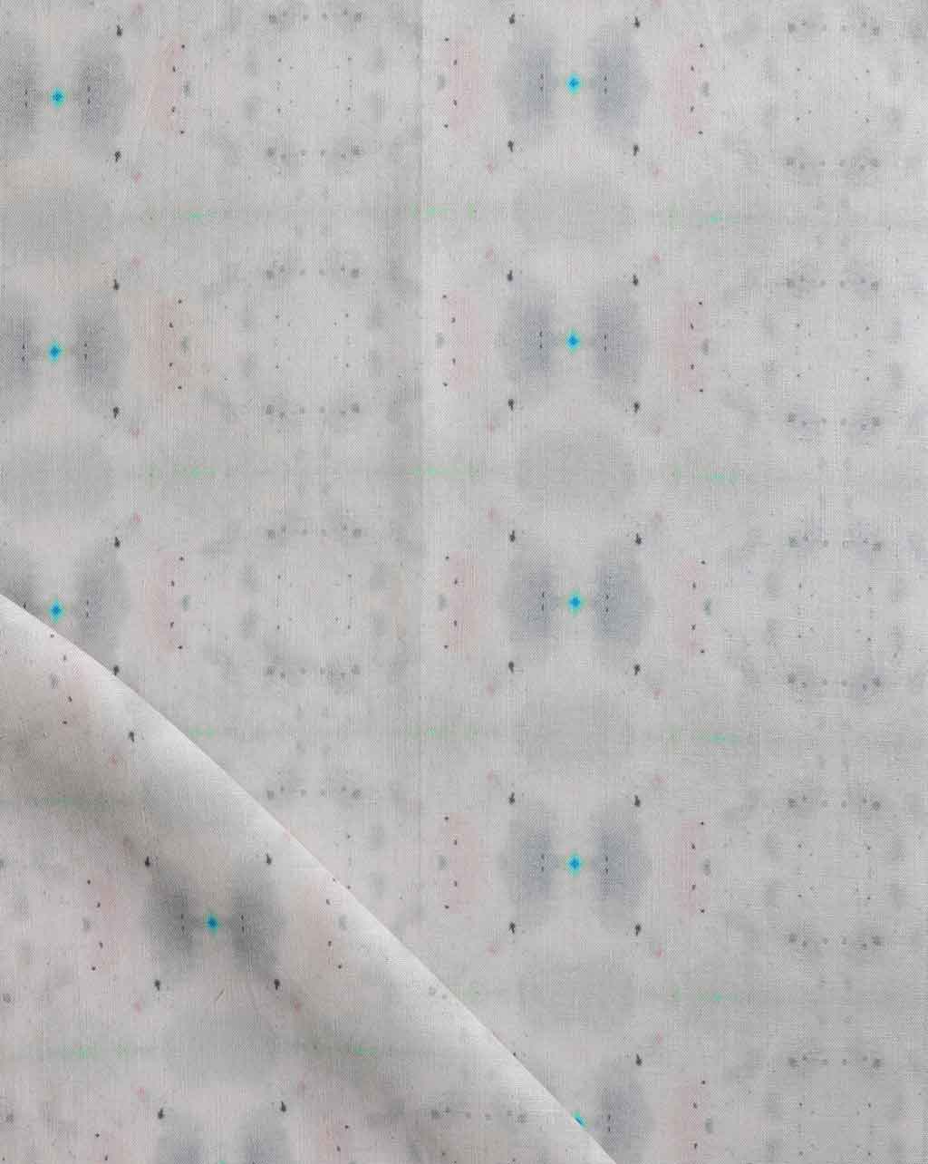 A white Astral Fabric wallpaper with a blue and white pattern from the Nyanza Collection