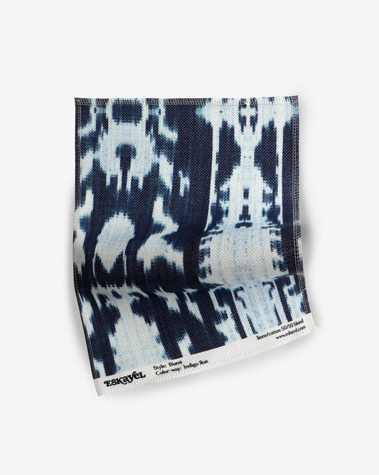 sample of the Biami Fabric Sample Indigo Ikat on a white background