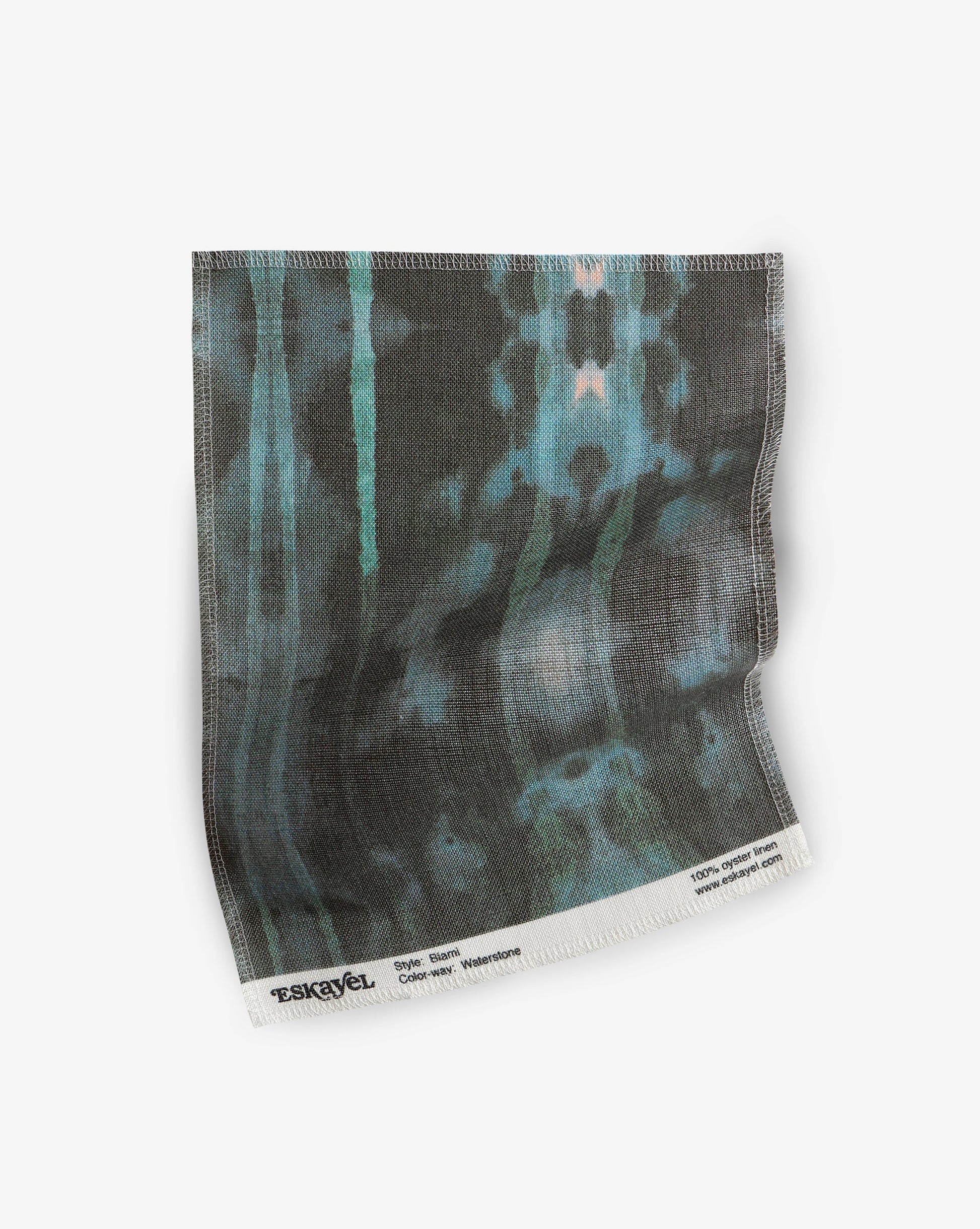 A blue and green tie dyed Biami Fabric Sample Waterstone design on a white background is available for sample order