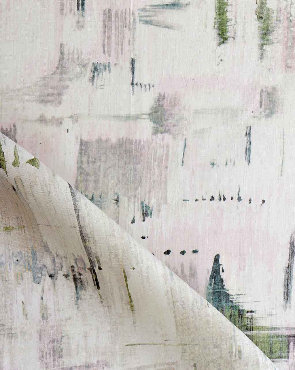 A close up of an abstract painting on a pink and green Cherifia Fabric or Duomo.