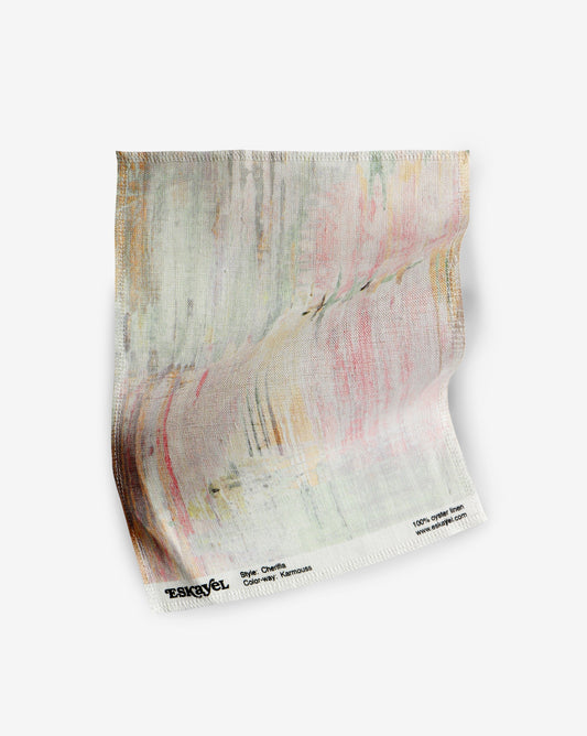 Abstract Cherifia Blanca Fabric sample in vibrant strokes of orange, pink, green, yellow, blue and pops of black | Eskayel