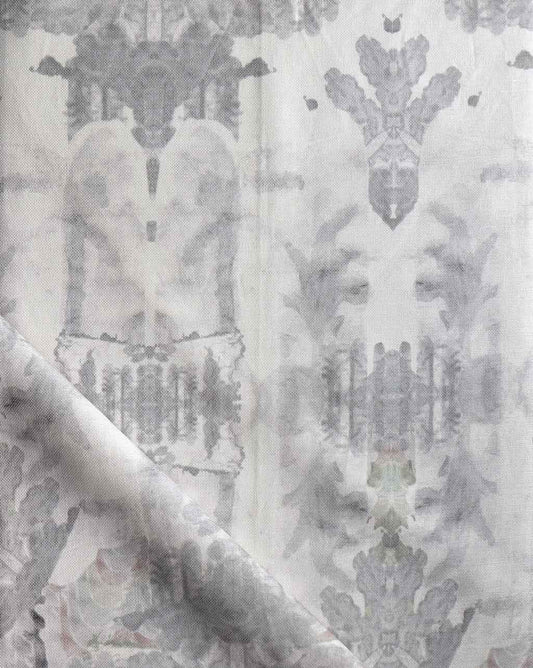 A white and gray Clairmont Fabric Ash with a floral pattern from Eskayel's high-end custom Presidio Collection