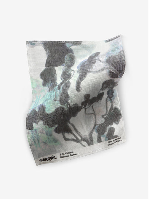 Watercolored Clemente Canyon Fabric sample in greys with aquamarine and pink | Eskayel