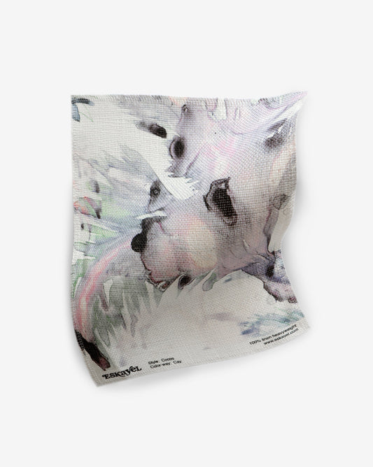Hand-painted Cocos Cay Fabric sample in purple, pink, blue, green, and black on a white background | Eskayel