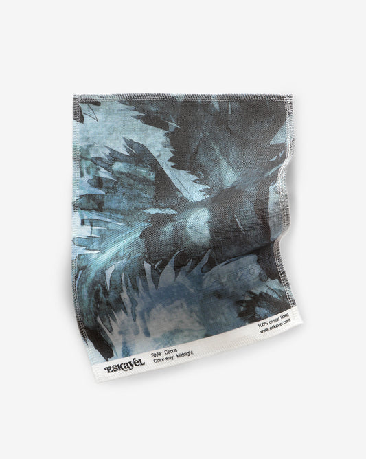 Hand-painted Cocos Midnight Fabric sample in deep shades of blue, green-blue, and black | Eskayel