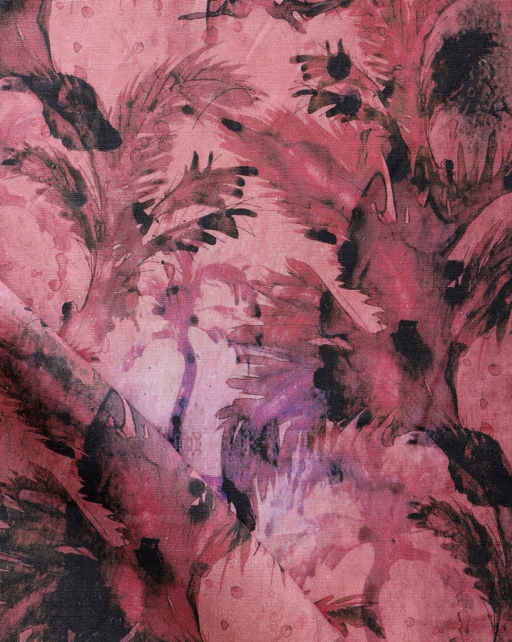 A close up of a pink and black Cocos Fabric Persimmon featuring palm tree motifs