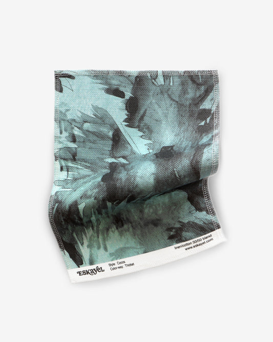 Hand-painted Cocos Thicket Fabric sample in deep shades of aquamarine, green, and black | Eskayel