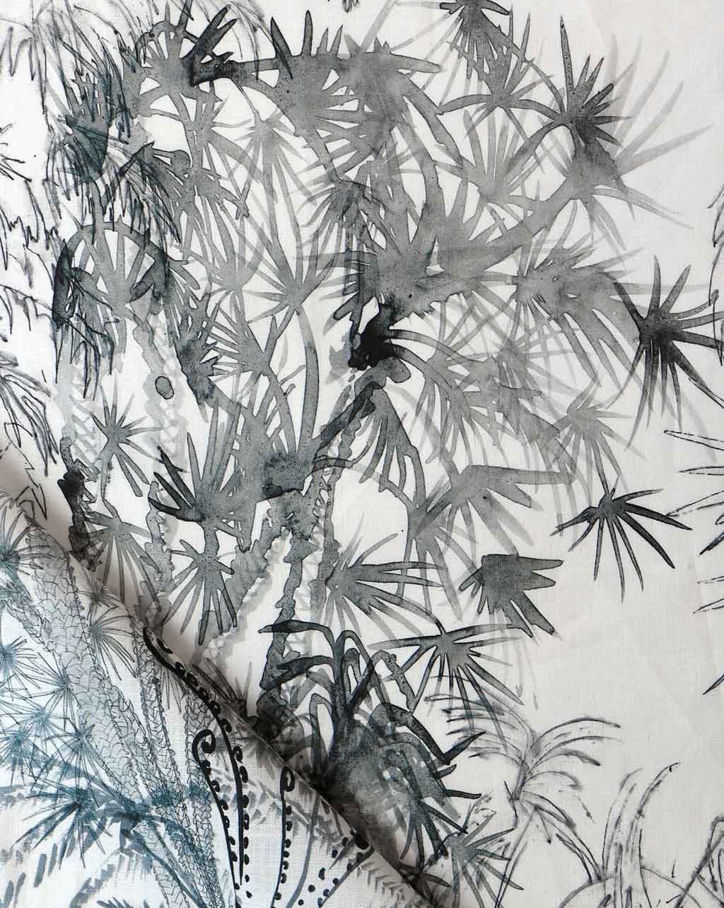A close up of a black and white painting of a palm tree from the Domenica Fabric Notte Collection