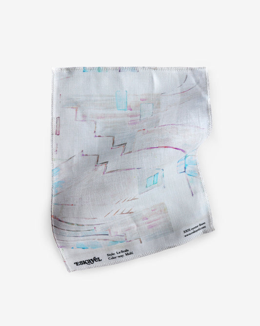 Abstract La Scala Multi Fabric sample featuring limestone townes found in Italy during the 14th and 15th centuries in shades of purple, pink, and turquoise | Eskayel