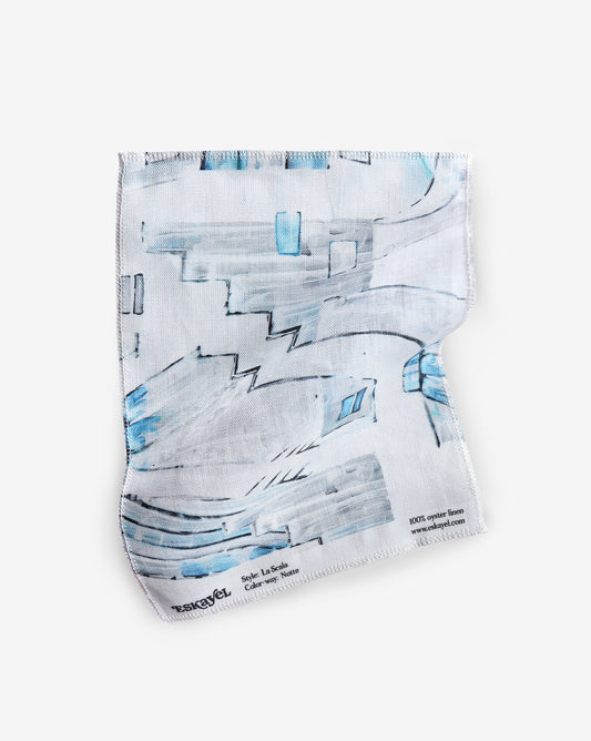 Abstract La Scala Notte Fabric sample featuring limestone townes found in Italy during the 14th and 15th centuries in shades of black and blue on white | Eskayel