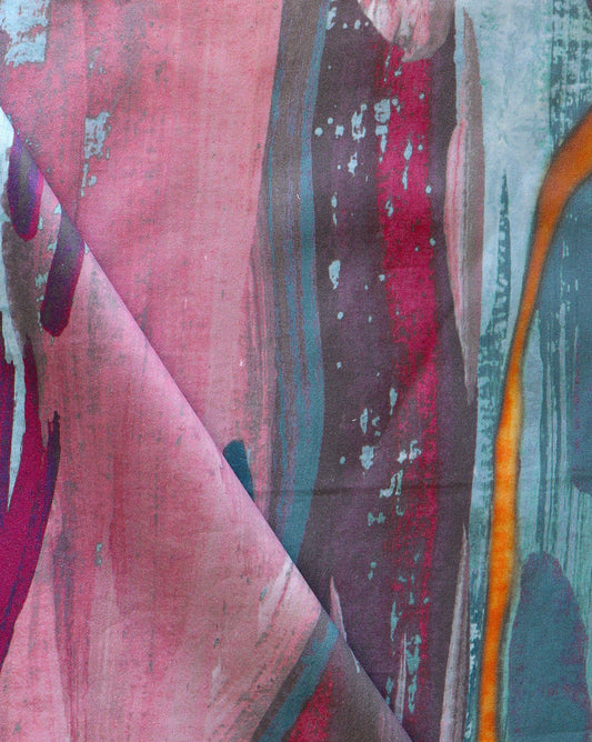 A close up of an abstract painting on a piece of Tesoro fabric, inspired by Morocco and representing luxury