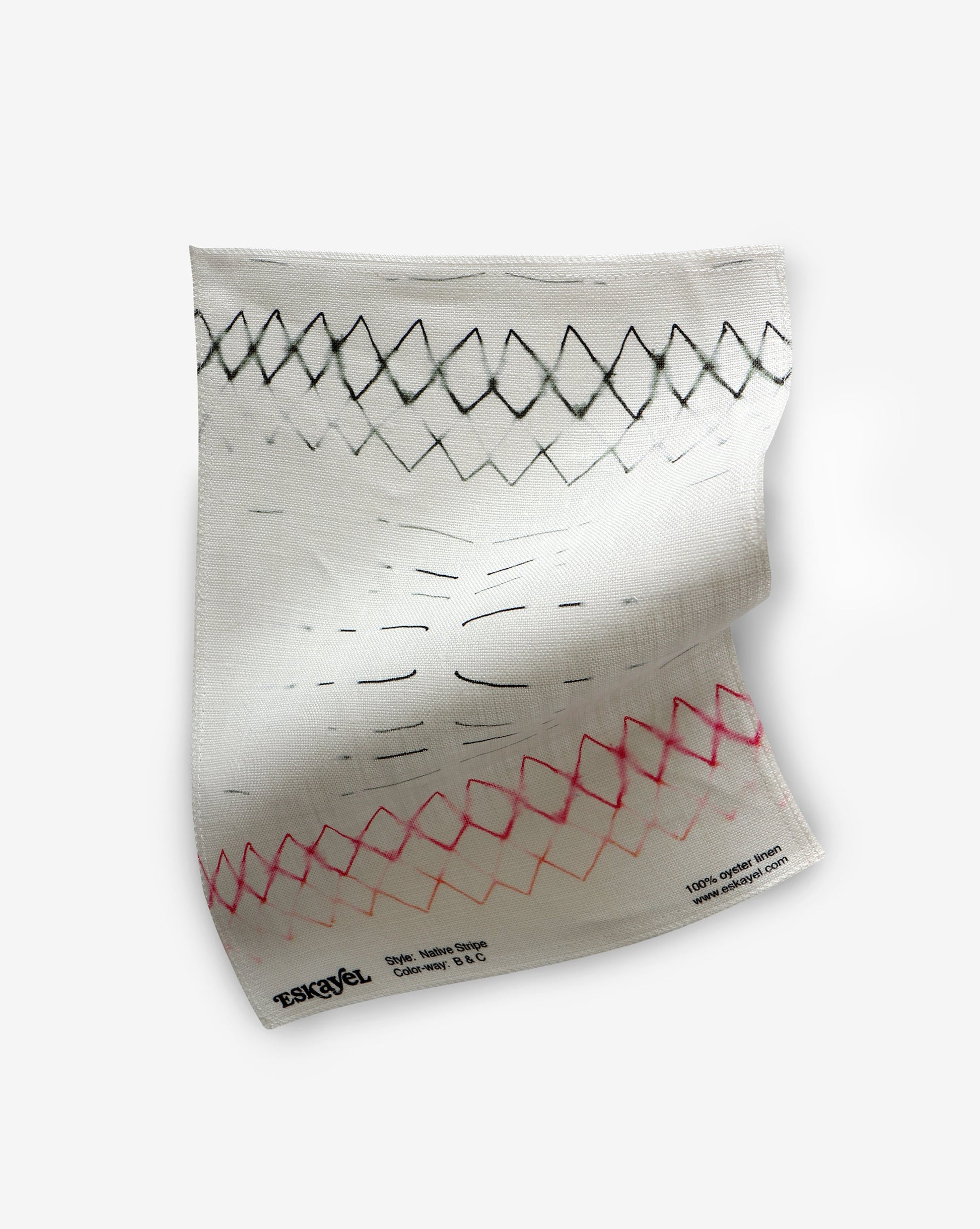 A white fabric with a graphic pattern of Native Stripe Fabric Black + Crimson stripes on it