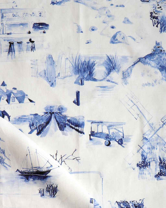 A Out East Fabric Cobalt with pictures of boats