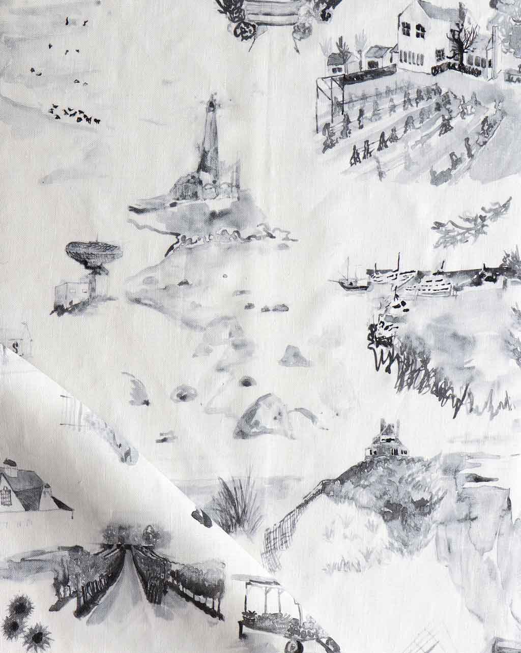 A black and white drawing on a piece of Out East Fabric Greyscale pattern and high-end luxury fabric