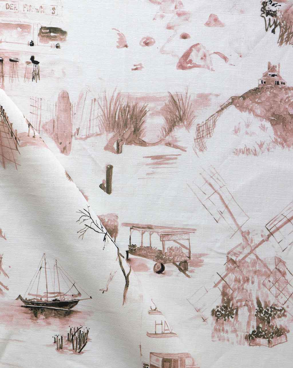 A white and pink Out East Fabric Shell with a toile pattern featuring a drawing of a boat and windmill