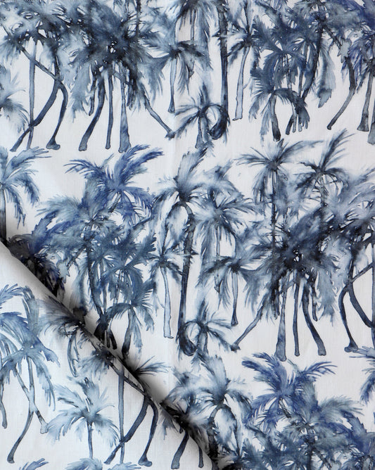 A luxury Palm Dance Fabric Midnight with a watercolor Palm trees pattern