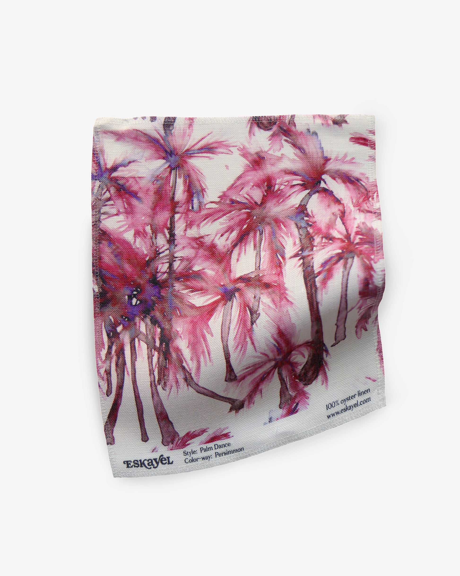 A pink and purple fabric with palm trees on it made of Palm Dance Fabric Persimmon fabric