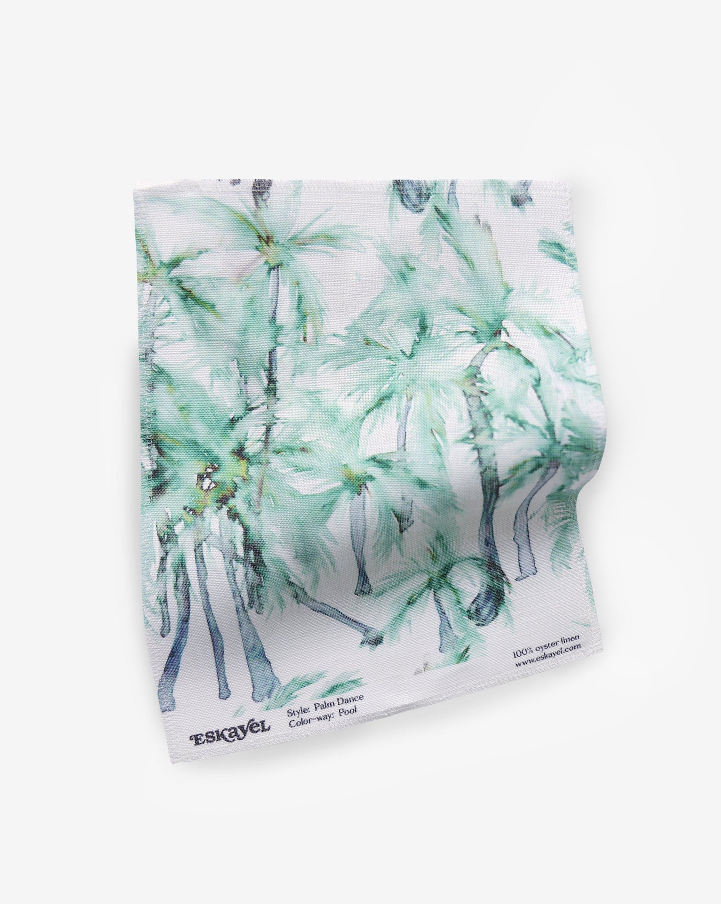 A white fabric with a watercolor pattern of palm trees on Palm Dance Fabric Pool