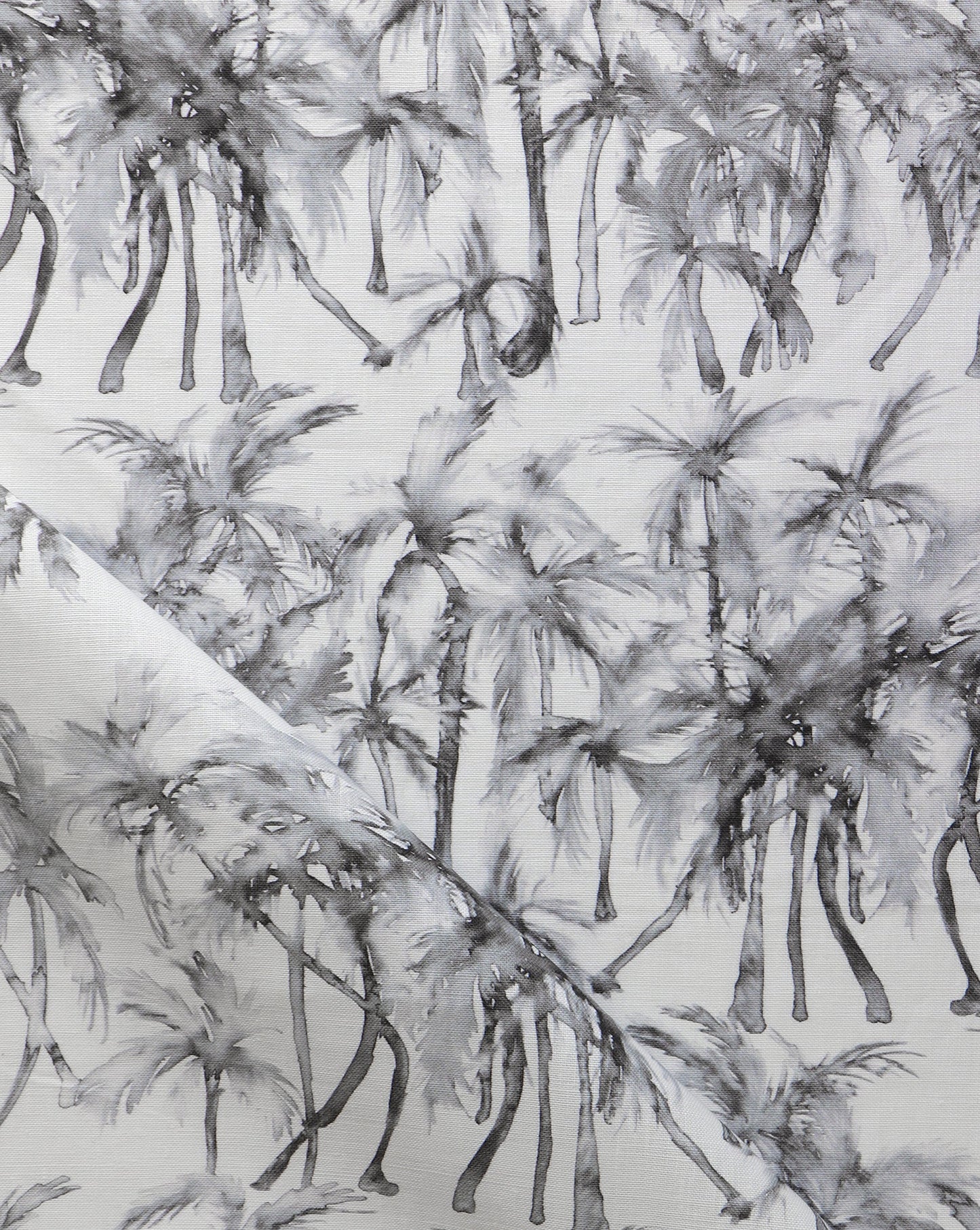 A black and white print of palm trees on Palm Dance Fabric Shadow