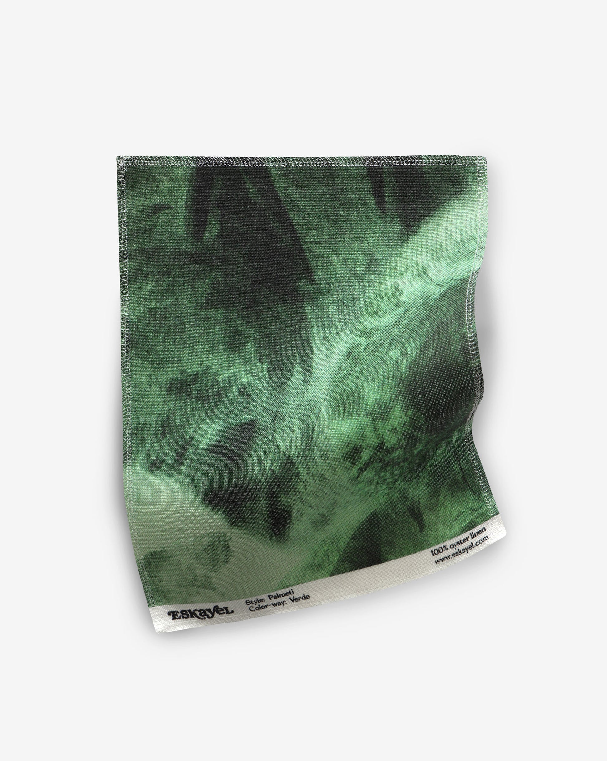 A green and black photo of a waterfall on a white background is an SEO-friendly image for those interested in Palmeti Fabric Verde or fabric pattern