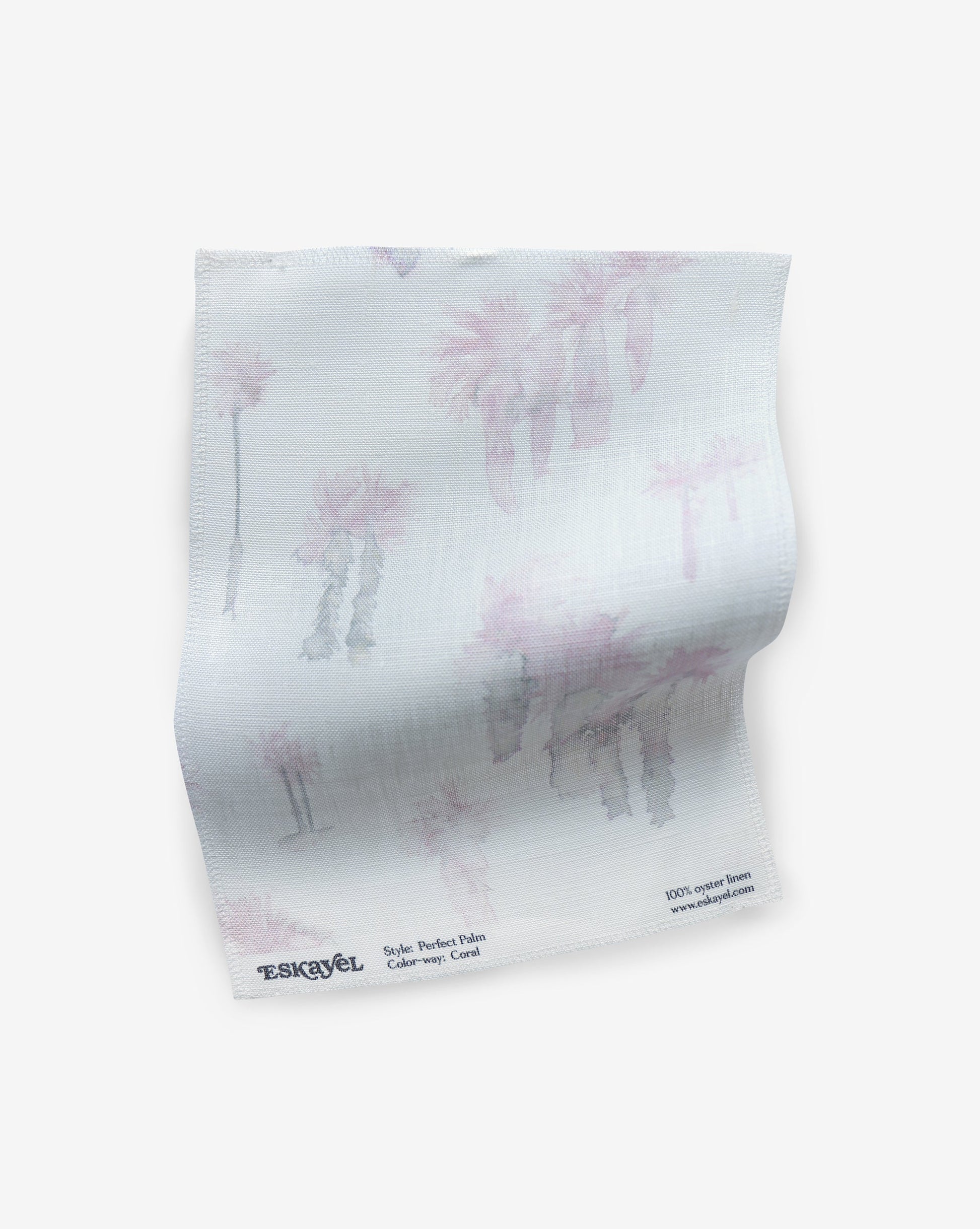 A white fabric with pink palm trees, Perfect Palm Fabric Coral, perfect for surfing