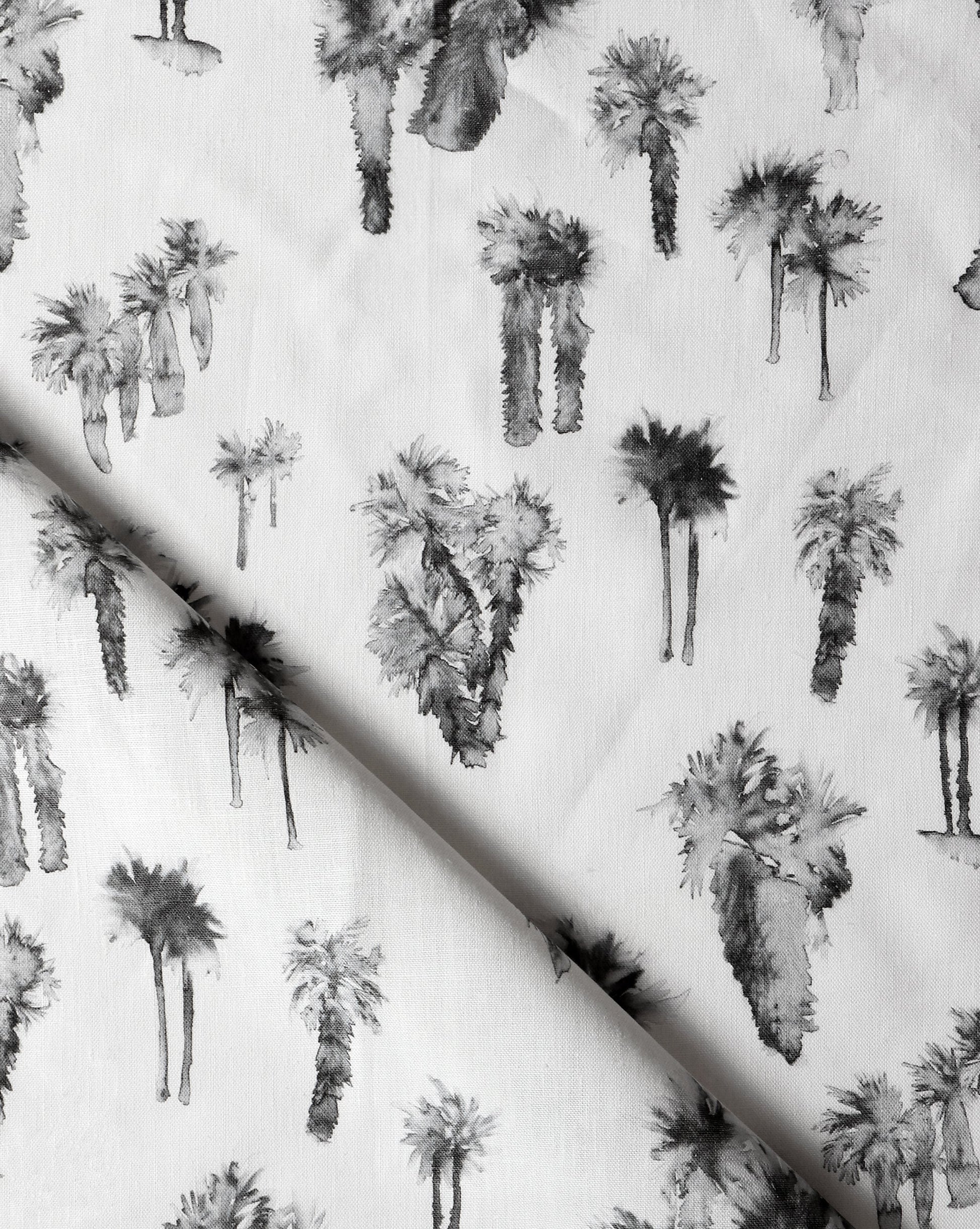 A black and white luxury Perfect Palm Fabric Shadow with palm trees in a watercolor style