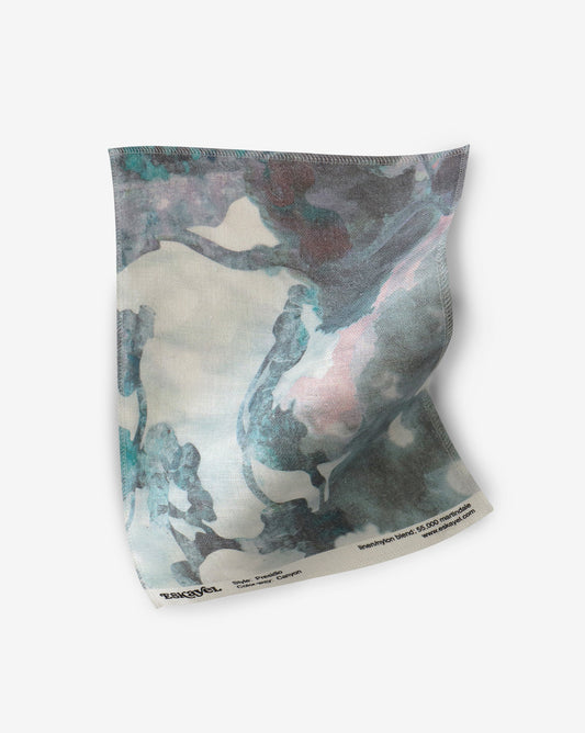 Watercolor Presidio Canyon Fabric sample in shades of greys, blues, and pink with hints of lilac | Eskayel