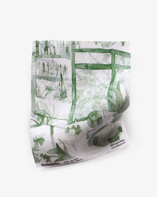 A Quotidiana Fabric Sample Chloros green fabric with a picture of plants on it