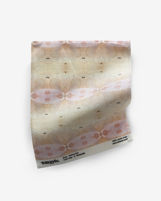 Setting Sun Light Terracotta Fabric sample is watercolor artwork featuring watery shades that call to mind the bright warmth of a desert sunset in yellow and pink tones | Eskayel
