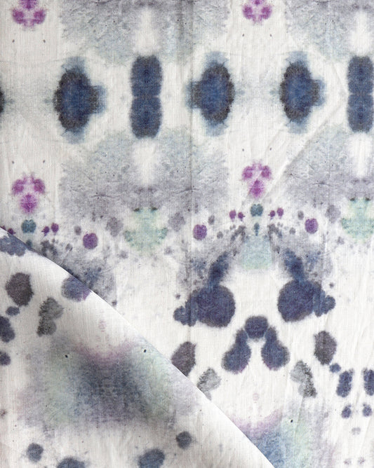 A close up of a blue and purple Species Fabric with a kaleidoscopic effect