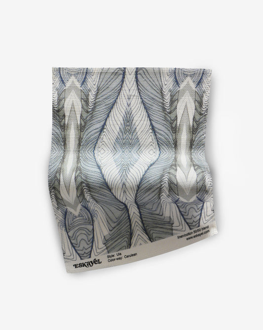 Ula Cerulean Fabric sample is hand-painted artwork of watery blues and white that references the distortions and refractions of pool tiles viewed through water | Eskayel