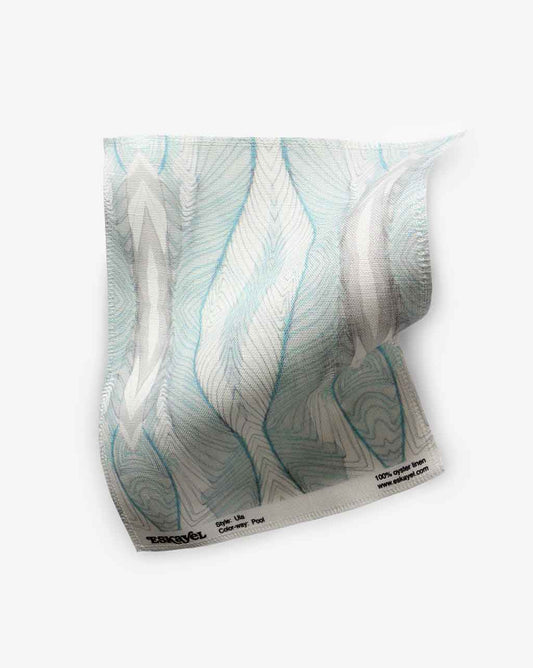 Ula Cerulean Fabric sample is hand-painted artwork of light blue and aquamarine that references the distortions and refractions of pool tiles viewed through water | Eskayel