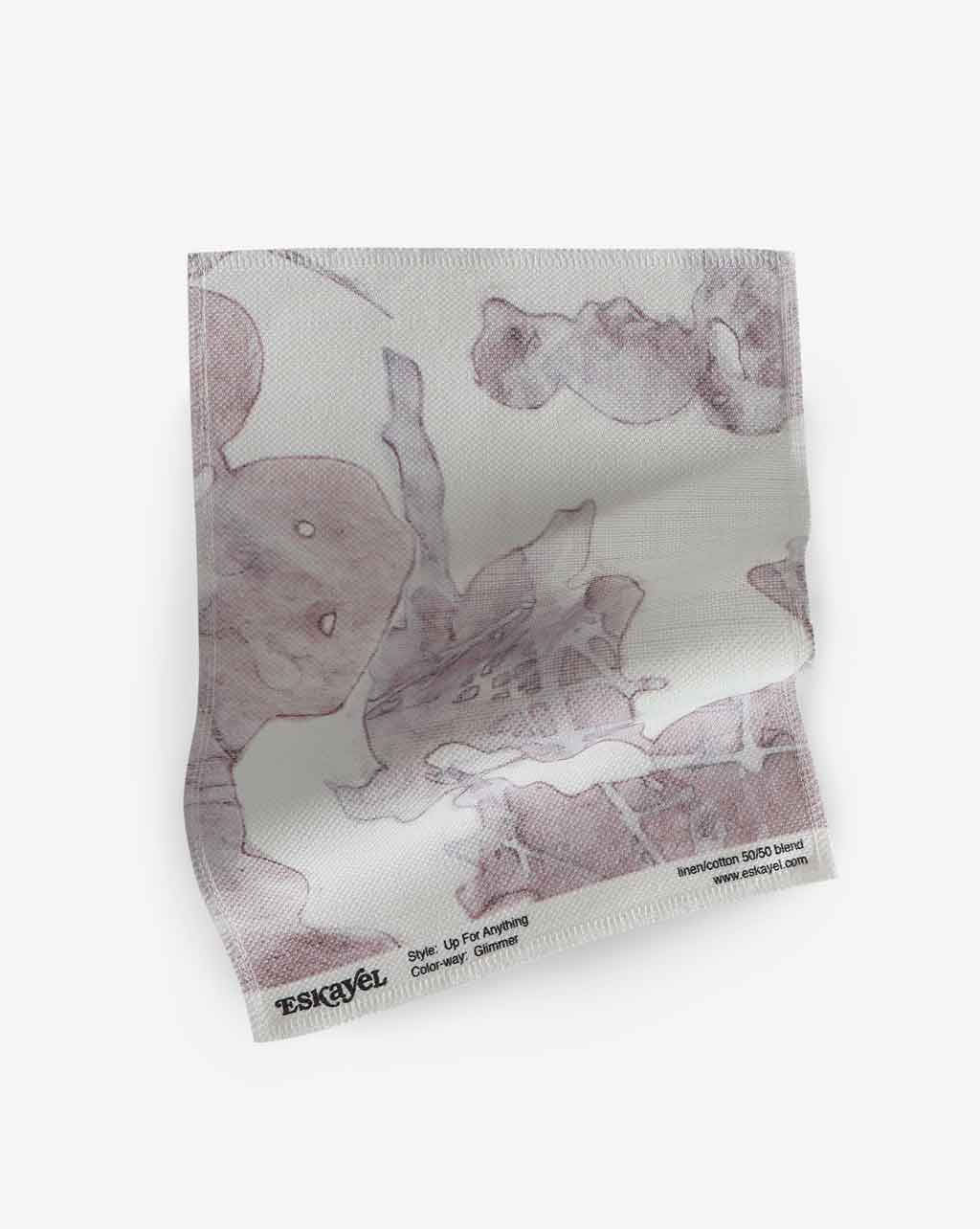 A luxurious Up For Anything Fabric||Glimmer with an abstract botanical pattern in pink and white, featuring a flower.