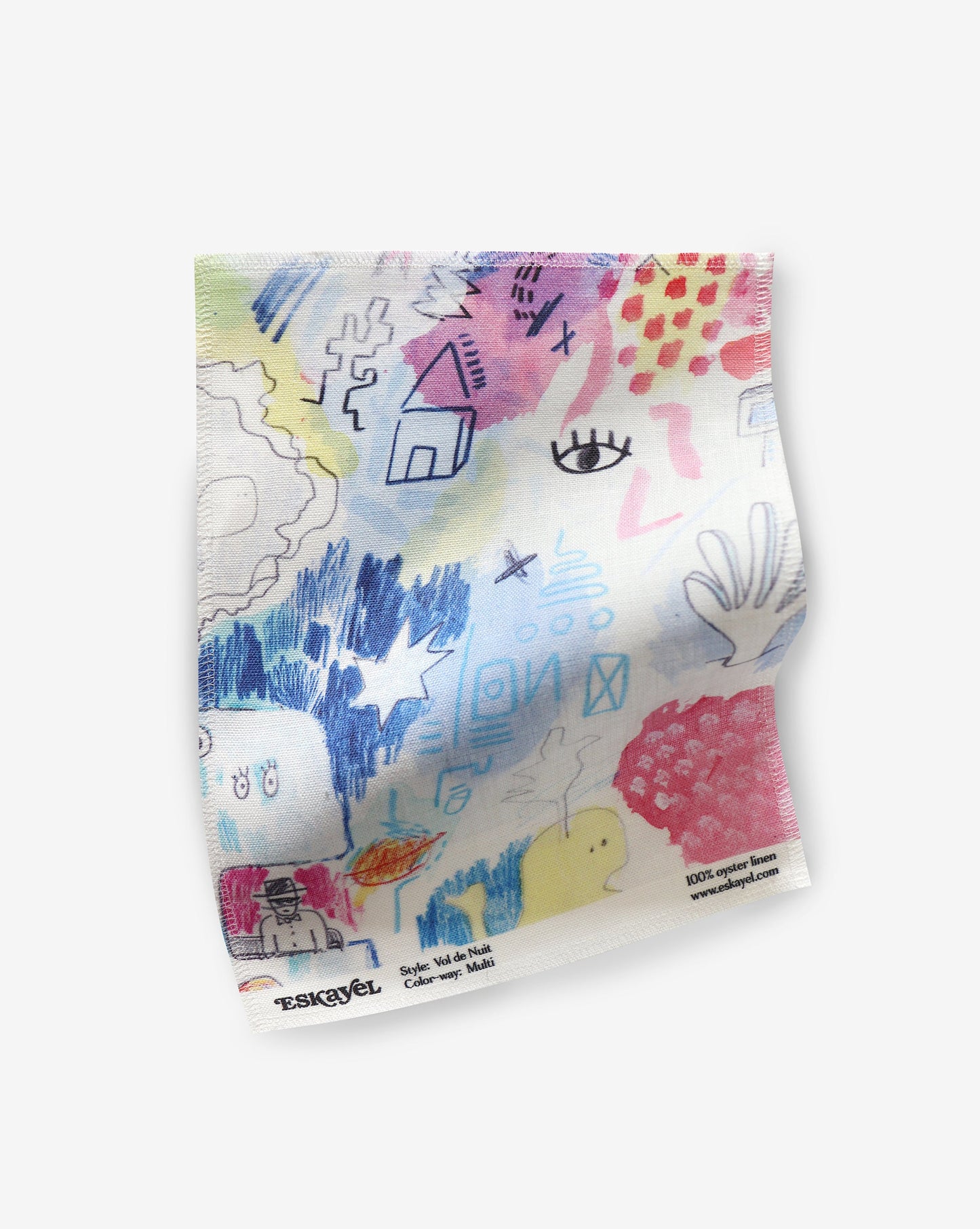 A luxury Vol de Nuit Fabric Multi ground with a colorful drawing by Eskayel