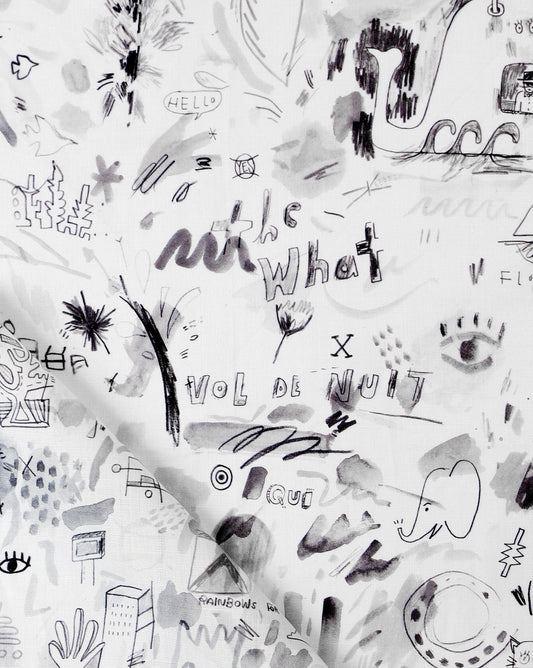A black and white luxury Vol de Nuit Fabric||Noire with a lot of writing on it, such as Eskayel and Vol de Nuit designs.