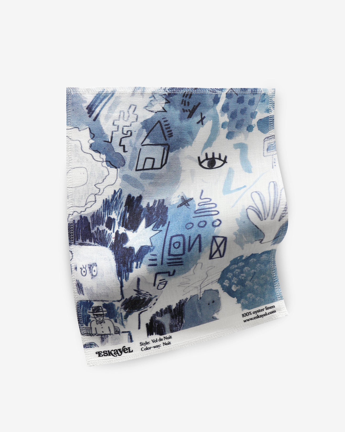 A blue and white paper with drawings on it is a Vol de Nuit Fabric Sample
